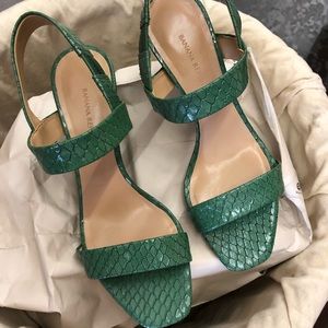 Green snakeskin print sandal heel